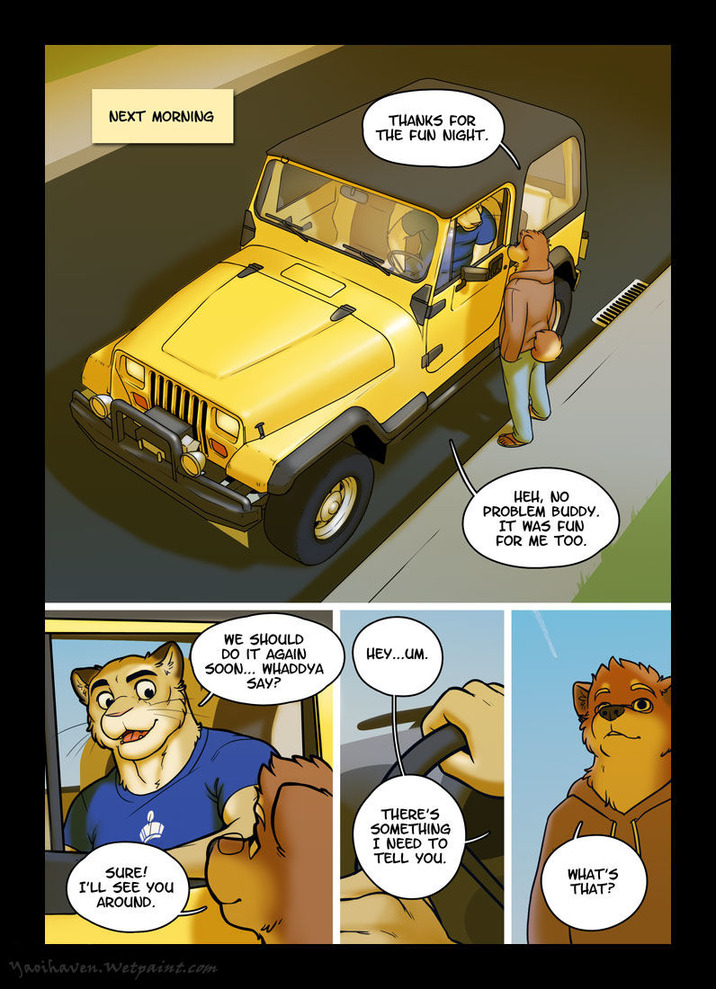 anthro brown_body brown_fur car clothed clothing detailed_background dialogue duo eye_contact eyewear fully_clothed fur glasses inside_car looking_at_another male muscular open_mouth outside smile speech_bubble standing text tongue vehicle yellow_body yellow_fur meesh jeep little_buddy chris_(meesh) john_(meesh) canid canine canis cougar domestic_dog felid feline mammal 3rd_party_watermark comic digital_media_(artwork) english_text watermark