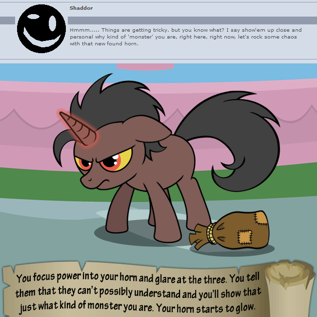 angry bag black_mane dialogue feral horn male mane outside solo text yellow_eyes bitterplaguerat hasbro my_little_pony mythology fan_character loki_(bitterplaguerat) equid equine mammal mythological_creature mythological_equine unicorn 1:1 animated english_text short_playtime