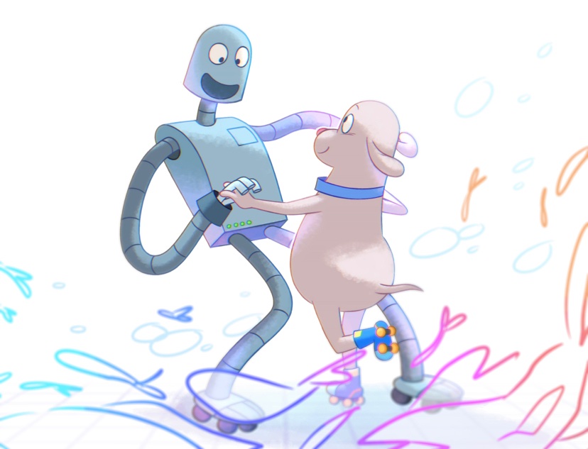 anthro collar duo hand_holding machine male quad_skates roller_skates smile greenpoky robot_dreams dog_(robot_dreams) robot_(robot_dreams) canid canine canis domestic_dog mammal robot