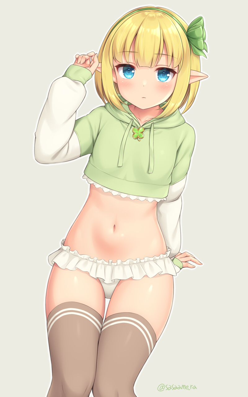 blonde_hair blue_eyes clothing female hair hoodie humanoid_pointy_ears legwear navel not_furry panties pointy_ears solo thigh_highs topwear underwear sand-rain elf humanoid 2021 5:8 hi_res