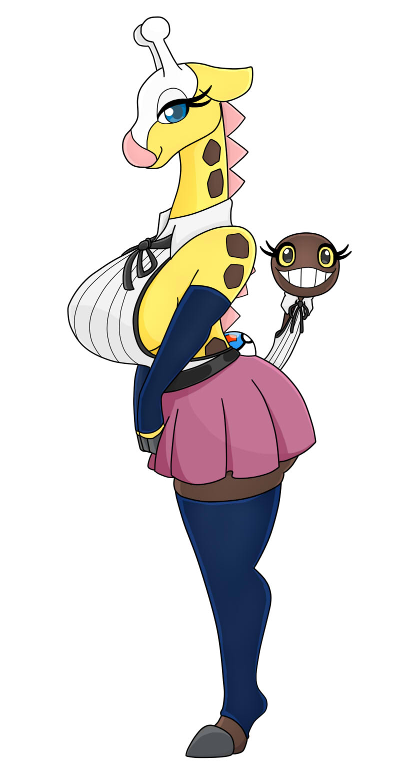 antennae_(anatomy) anthro armwear big_breasts black_eyes blue_eyes bottomwear breasts clothing eyelashes female huge_breasts legwear pokeball shirt simple_background skirt smile solo stockings tail topwear white_background yellow_body urusee584 nintendo pokemon generation_2_pokemon girafarig pokemon_(species) hi_res