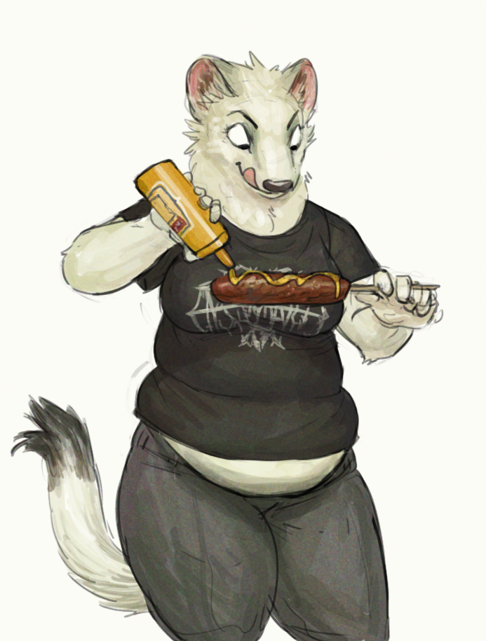 anthro bottomwear clothing female food fur holding_object licking licking_lips looking_at_object meat mustard overweight overweight_anthro overweight_female pants sausage shirt simple_background slightly_chubby solo standing tongue tongue_out topwear white_background white_body white_fur cettus maren_sommer mammal mustelid musteline stoat true_musteline weasel 2020