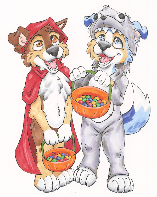 anthro black_nose blue_eyes candy clothing collar dessert duo female food happy holidays male spots teeth trick-or-treating young tim_weeks halloween savestate kade_(savestate) nicole_(savestate) australian_shepherd blue_merle canid canine canis domestic_dog herding_dog mammal pastoral_dog red_merle sheepdog 4:5 brother_(lore) brother_and_sister_(lore) sibling_(lore) sister_(lore)