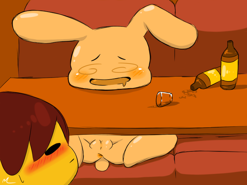 anus blush drunk duo female feral genitals open_mouth pussy substance_intoxication mrmilky undertale undertale_(series) drunk_bun_(undertale) frisk_(undertale) human lagomorph leporid mammal rabbit 4:3