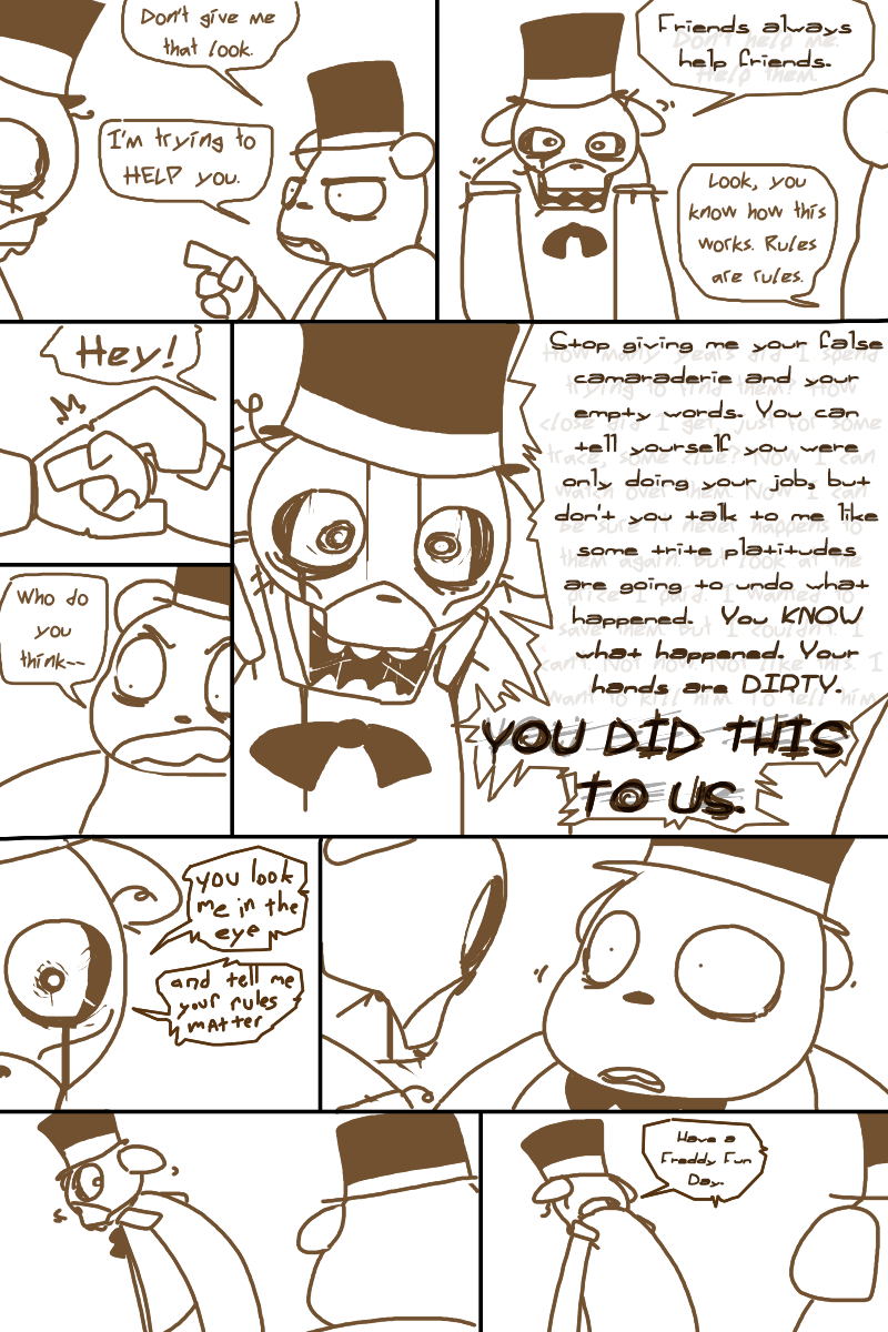 anthro blood bodily_fluids bow_(feature) bow_tie clothing creepy crying dialogue hat headgear headwear hidden_text machine male scared simple_background tears text the_weaver five_nights_at_freddy's scottgames freddy_(fnaf) animatronic bear mammal robot 2:3 comic english_text hi_res monochrome