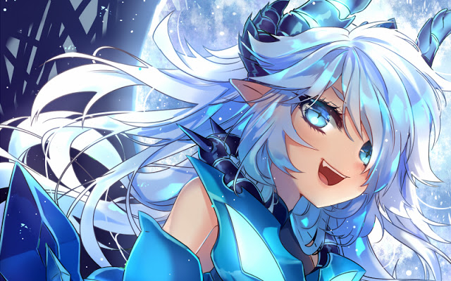 clothed clothing fangs female hair horn long_hair looking_at_viewer moon not_furry open_mouth smile solo teeth elsword lu_(elsword) demon humanoid 16:10 2016 widescreen