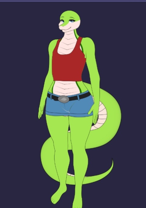 anthro bald barefoot blue_eyes bottomwear clothing feet femboy green_body green_scales male scales shirt shorts smile solo submissive tank_top thick_thighs topwear white_body white_scales wide_hips lewis_(tacomeister) boa_(snake) boinae emerald_tree_boa legged_snake reptile scalie snake