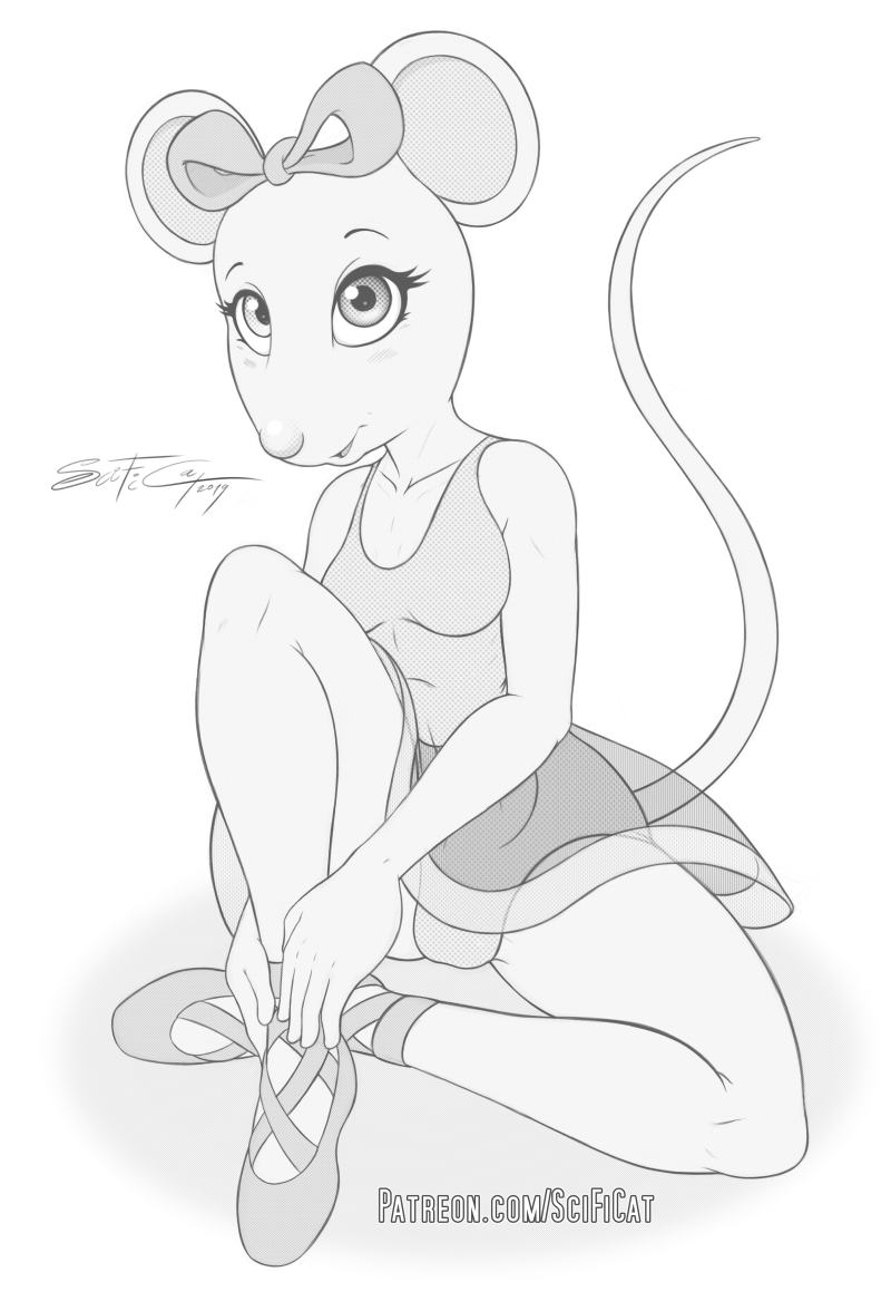 anthro ballerina_shoes breasts female mouse_tail sitting small_breasts solo tail text scificat angelina_ballerina angelina_mouseling mammal mouse murid murine rodent black_and_white monochrome url