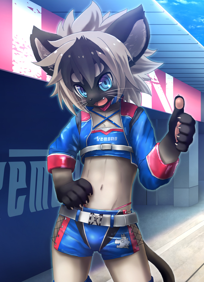 anthro black_body black_fur black_hair blue_eyes bottomwear clothed clothing fur grey_body grey_fur grey_hair hair hotpants looking_at_viewer male navel open_mouth pose shorts solo standing young young_anthro kemorate len_(kemorate) domestic_cat felid feline felis mammal 2016