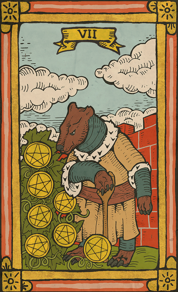 anthro black_nose card card_template clothed clothing cloud fortune_telling fur minor_arcana occult_symbol outside pentacle pentacles_(tarot) seven_of_pentacles_(tarot) sky solo standing symbol tarot tarot_card musorok bear mammal digital_media_(artwork)