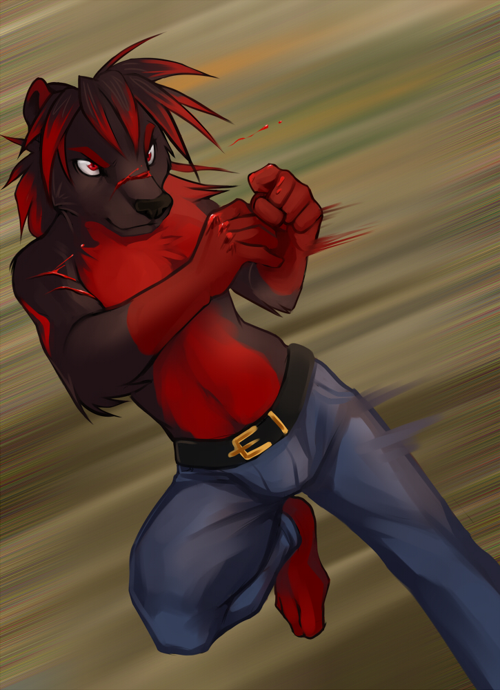 anthro back_hair belt black_nose blood blue_bottomwear blue_clothing blue_pants bodily_fluids body_hair bottomwear clothed clothing fight fist fur hair male pants red_body red_eyes red_fur red_hair solo topless demicoeur orona canid canine canis mammal wolf 2012 digital_media_(artwork)