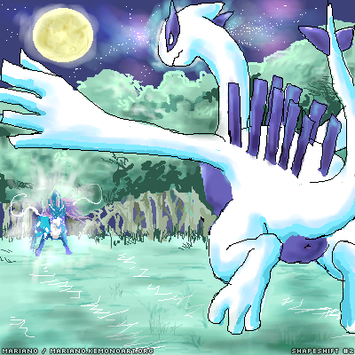 anus duo female feral forest long_neck male male/female moon night plant tail tree mariano nintendo pokemon generation_2_pokemon legendary_pokemon lugia pokemon_(species) suicune 1:1 digital_media_(artwork) low_res oekaki