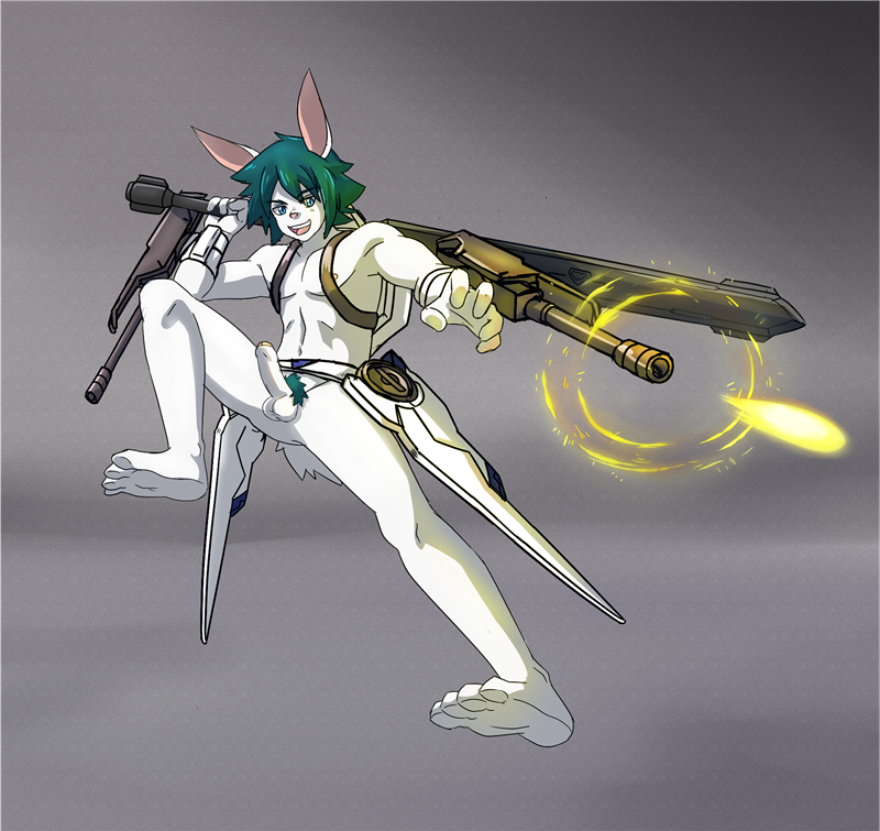 action_pose anthro backpack balls biped boosters equipment gear genitals green_hair gun hair humanoid_genitalia humanoid_penis kemono mace machine male mecha melee_weapon penis pose pubes ranged_weapon science_fiction solo sword weapon white_balls white_penis raxkiyamato jareth_(kivwolf) lupus lagomorph leporid mammal rabbit sketch