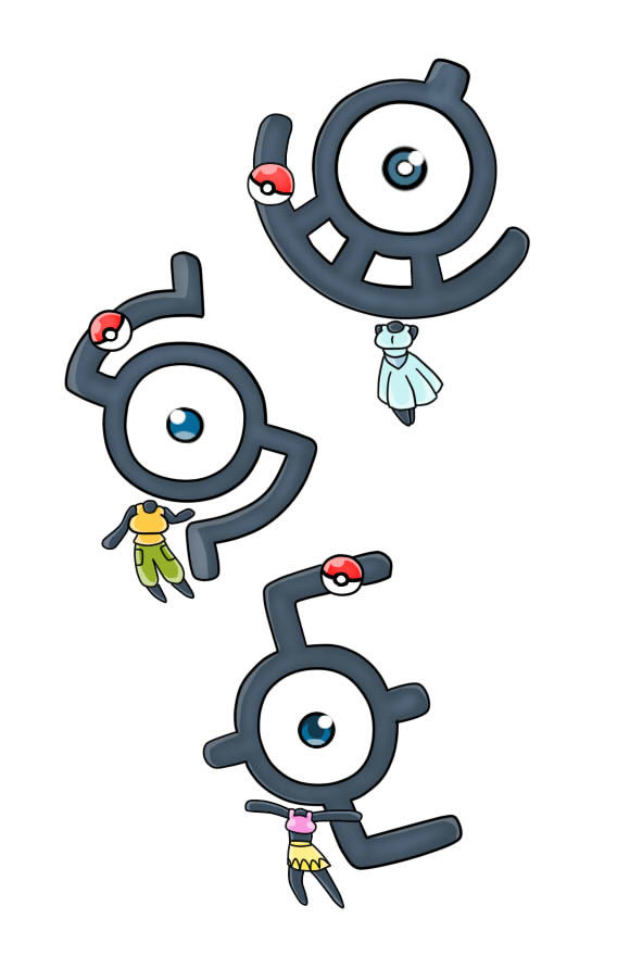 1_eye anthro big_head blue_eyes bottomwear breasts clothing dress female group looking_at_viewer pants pokeball shirt shorts simple_background skirt text topwear trio white_background urusee584 nintendo pokemon eye_creature generation_2_pokemon letter_creature pokemon_(species) unown_(pokemon) unown_e unown_s unown_u character_cipher english_text translated unown_text