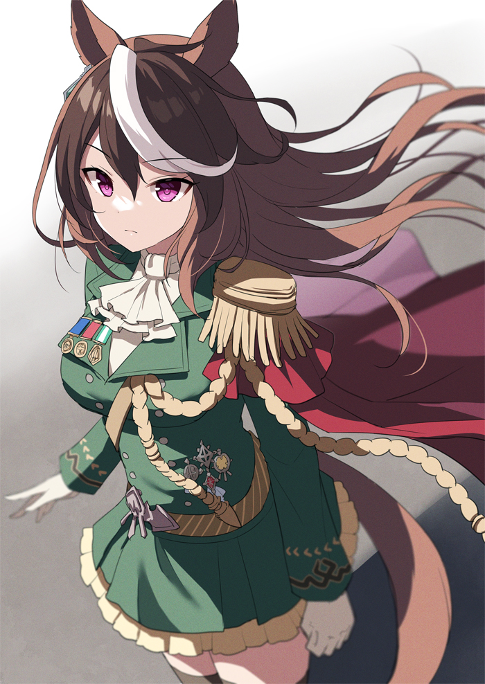 absolute_territory bottomwear breasts brown_hair clothed clothing epaulet female hair jacket legwear medal military_uniform multicolored_hair purple_eyes skirt solo thigh_highs topwear uniform white_hair mauve_(artist) cygames uma_musume_pretty_derby symboli_rudolf_(pretty_derby) animal_humanoid equid equid_humanoid equine equine_humanoid horse_humanoid humanoid mammal mammal_humanoid 2023