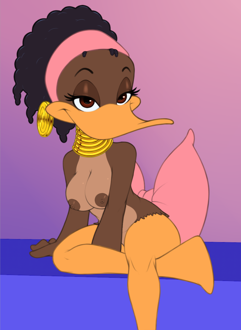 afro anthro areola beak bow_(feature) breasts brown_body brown_eyes brown_feathers ear_piercing ear_ring eyelashes feathers female looking_at_viewer neckwear nipples non-mammal_breasts non-mammal_nipples nude piercing ring_piercing sitting solo billboi alfred_j._kwak_(series) winnie_(ajk) anatid anseriform avian bird duck