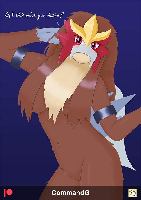 anthro blush breasts female fur hair hair_covering_nipples nude simple_background solo text commandg nintendo pokemon entei generation_2_pokemon legendary_pokemon pokemon_(species)