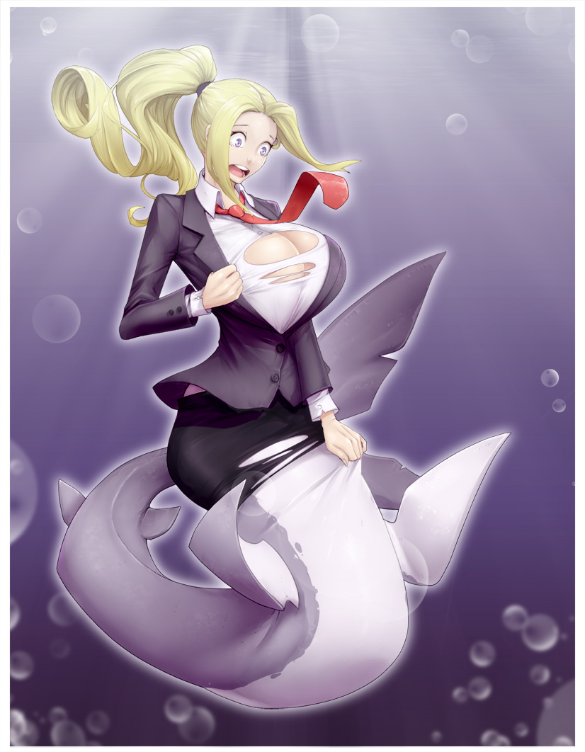 big_breasts blonde_hair blue_eyes bottomwear breast_expansion breasts business_suit clothing expansion female hair open_mouth ponytail skirt solo suit surprise torn_clothing transformation underwater water materclaws animal_humanoid fish humanoid marine shark 2016