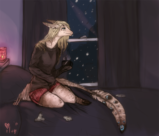 anthro bed bedroom_background bottomwear candlelight clothed clothing container cup digitigrade feathers female fur furniture light light_hair shorts sitting snowing_outside solo tail tail_feathers tail_tuft tan_body tan_fur tea_cup tuft window iluq mythology lilana_rose dra'essa dragon furred_dragon furred_scalie mammal mythological_creature mythological_scalie scalie 2014 digital_media_(artwork) digital_painting_(artwork)