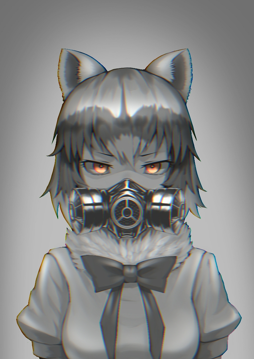 breasts chromatic_aberration clothed clothing female front_view gas_mask hair looking_at_viewer mask solo st.takuma kemono_friends arai-san animal_humanoid humanoid mammal mammal_humanoid procyonid procyonid_humanoid raccoon_humanoid greyscale monochrome spot_color