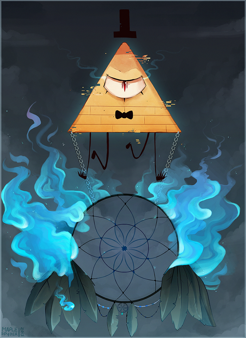 ambiguous_gender blue_fire bow_tie chain clothing colored_fire dreamcatcher fire hat headgear headwear loose_feather narrowed_eyes not_furry pupils slit_pupils solo top_hat yellow_body maplespyder disney gravity_falls bill_cipher euclidean eye_of_providence 2015 digital_media_(artwork) digital_painting_(artwork)