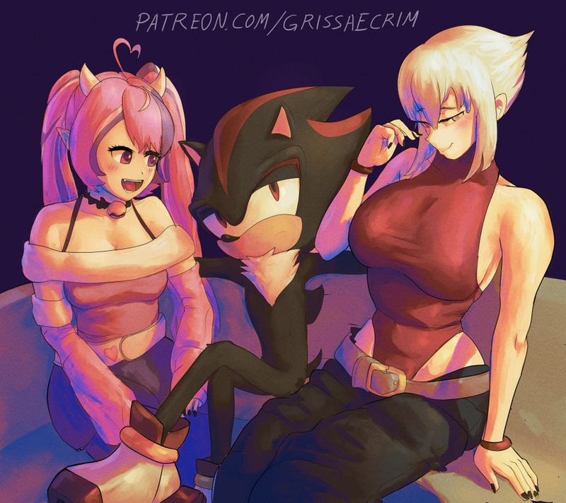 anthro belt big_breasts black_body breasts chest_tuft clothing eyebrows eyelashes female footwear group horn humanoid_pointy_ears male pointy_ears purple_eyes red_eyes shoes sitting trio tuft raikoh-illust sega sonic_the_hedgehog_(series) vshojo vtuber ironmouse shadow_the_hedgehog eulipotyphlan hedgehog horned_humanoid human humanoid mammal 2024