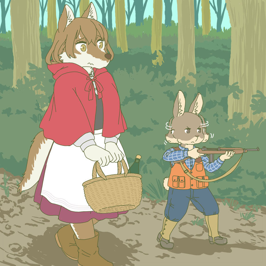 anthro basket bottle clothed clothing container duo female footwear gun kemono m1_carbine ranged_weapon shoes tail weapon ekaki510 fairy_tales little_red_riding_hood_(copyright) little_red_riding_hood the_woodsman_(little_red_riding_hood) canid canine canis lagomorph leporid mammal rabbit wolf 1:1