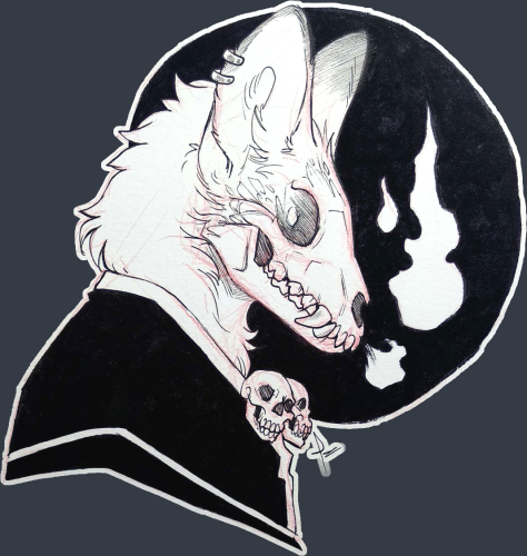 ambiguous_gender anthro bone breath ear_piercing piercing side_view skull skull_accessory skull_head solo teeth zombieze canid canine mammal undead low_res monochrome portrait