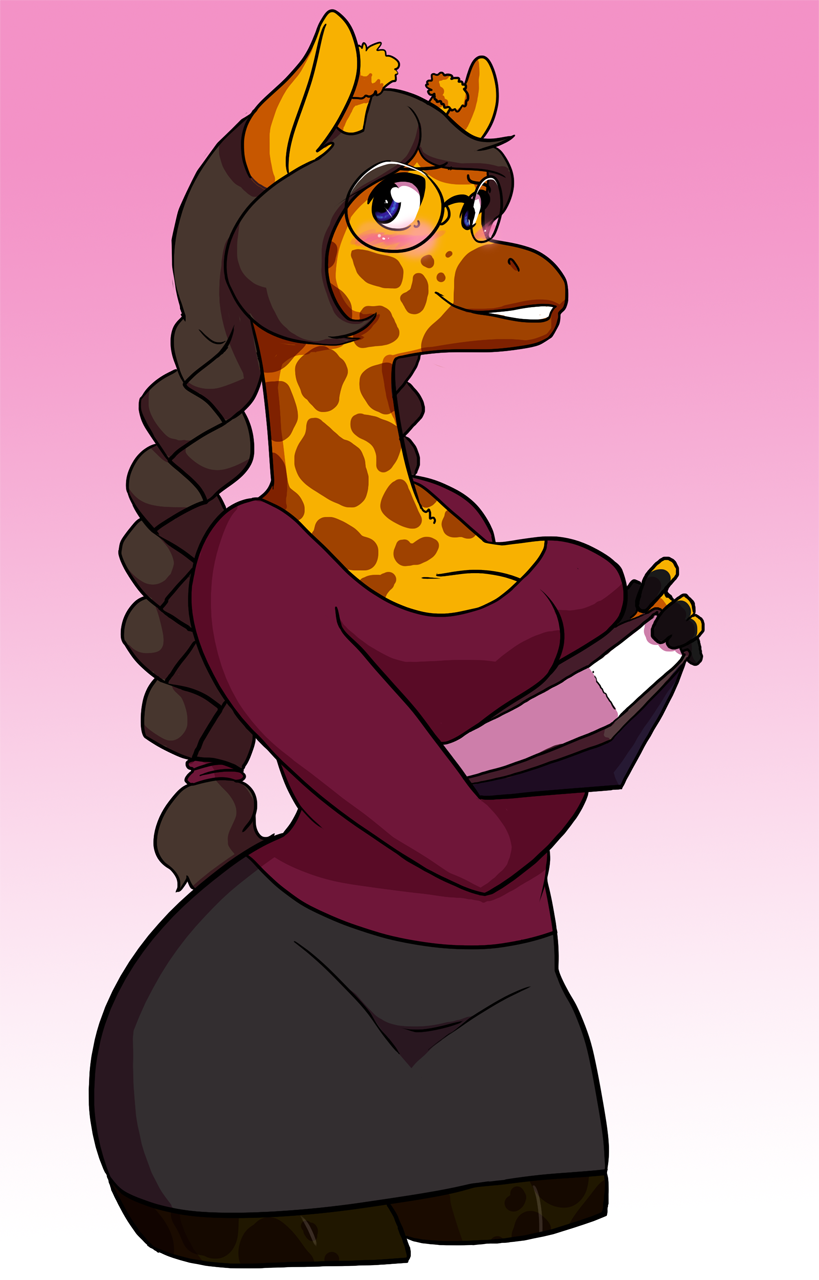 anthro biped blue_eyes blush book bottomwear braided_hair breast_squish breasts brown_hair cleavage clothed clothing eyewear female fur glasses hair horn legwear ossicone simple_background skirt smile solo squish stockings teeth yellow_body yellow_fur ethriol crosoe_(xial) giraffe giraffid mammal hi_res