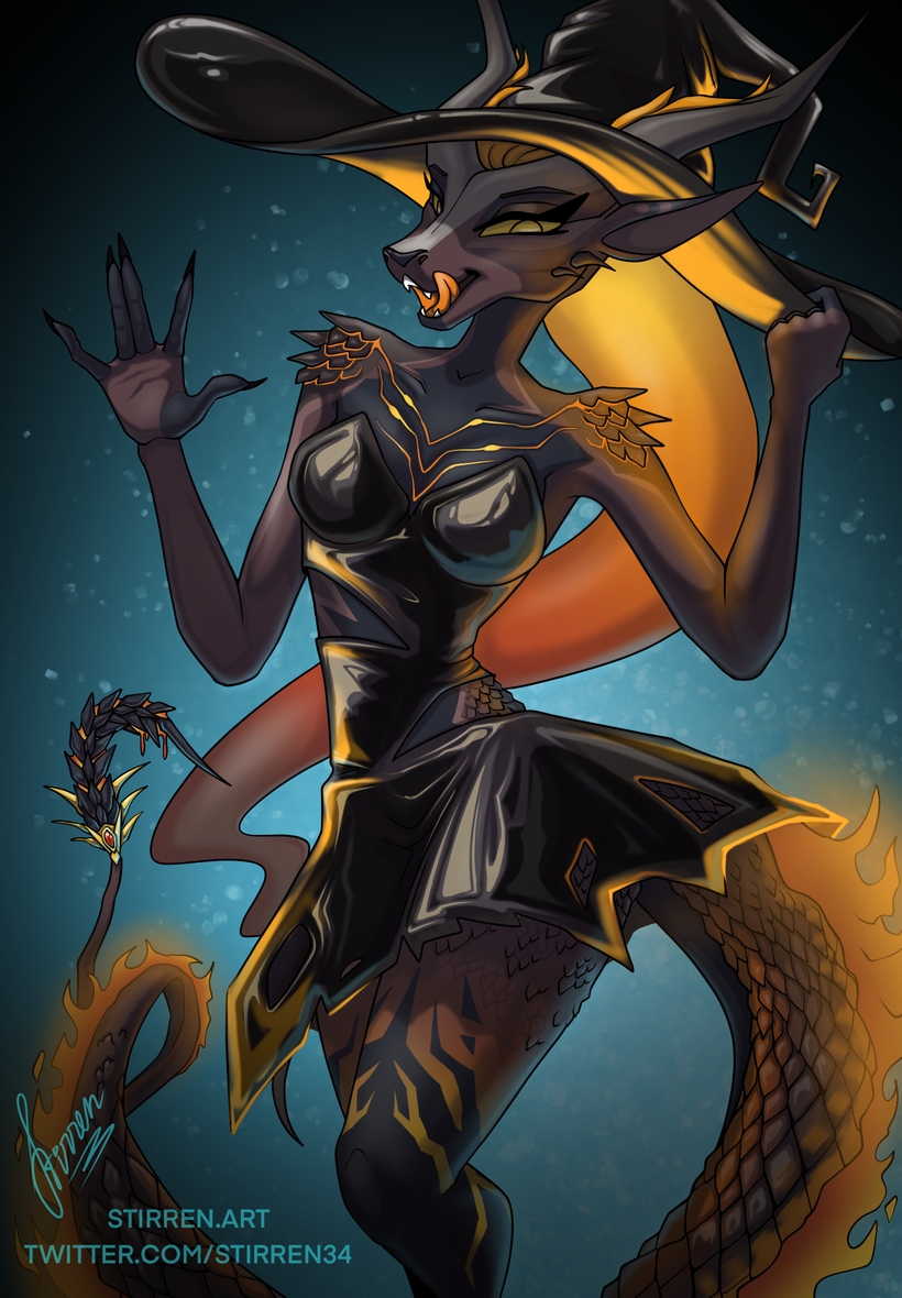 anthro clothing dress female glowing hair hat headgear headwear horn latex latex_clothing lava long_ears long_hair long_horn long_tail pose scales solo spikes tail tongue tongue_out witch_costume witch_hat stirren pompeii_(timberwolfl) elemental_creature lava_creature mineral_fauna pinup