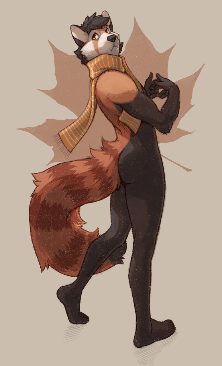 anthro butt butt_pose looking_back male mostly_nude pose rear_view scarf solo standing khuraji zag_(zaggy) ailurid mammal red_panda digital_media_(artwork) full-length_portrait hi_res portrait shaded