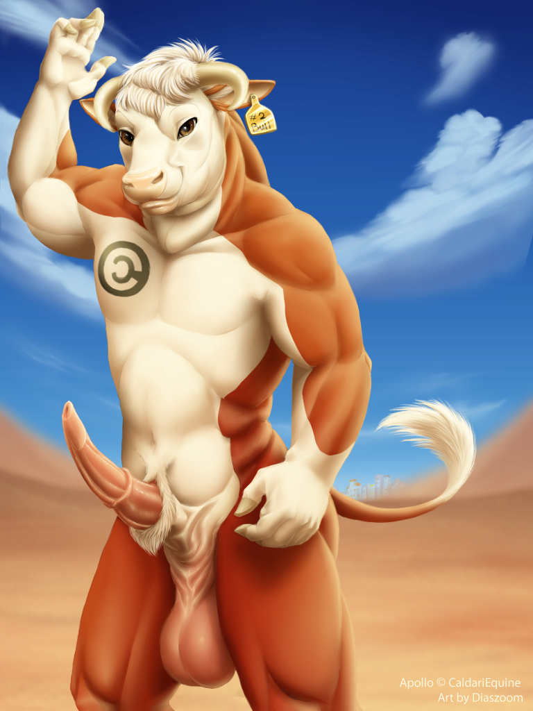 anatomically_correct anatomically_correct_genitalia anatomically_correct_penis animal_genitalia animal_penis anthro balls bovine_genitalia bovine_penis ear_piercing erection genitals horn looking_at_viewer male nude penis piercing smile solo standing diaszoom apollo_(caldariequine) bovid bovine cattle hereford_cattle mammal 3:4