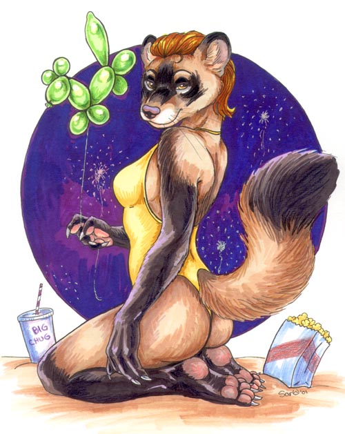 anthro backless_clothing backless_swimsuit balloon balloon_animal black_body black_fur brown_body brown_eyes brown_fur brown_hair butt claws clothing container cup drinking_straw feet female fireworks food fur hair hindpaw holding_balloon holding_object inflatable looking_at_viewer modelling_balloon night one-piece_swimsuit open-back_swimsuit paws popcorn shaped_balloon solo swimwear caribou_(artist) mammal mustelid musteline true_musteline weasel 2001