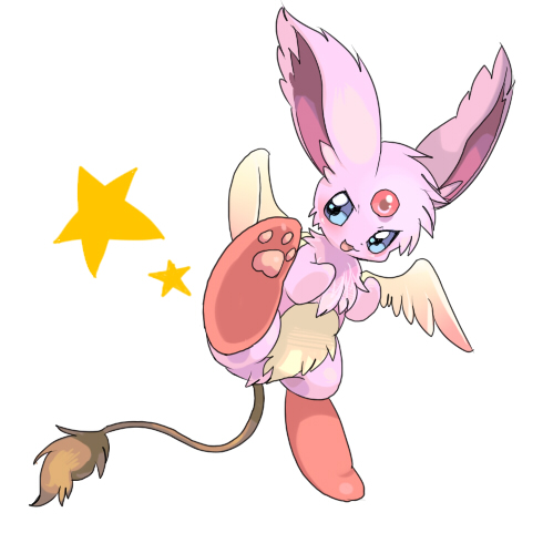 ambiguous_gender anthro belly_tuft big_ears biped blue_eyes chest_tuft chibi digitigrade feathered_wings feathers fluffy_ears forehead_gem fur gem inner_ear_fluff kemono kick long_tail looking_aside open_mouth open_smile pawpads pink_body pink_fur red_forehead_gem semi-anthro simple_background smile solo standing star_polygon tail thin_tail three-quarter_view tuft white_background wings yellow_body yellow_fur yellow_tail yellow_wings suppainu fuwa_(suppainu) unknown_species 1:1 2008 digital_media_(artwork) low_res pink_theme shaded female_(lore)