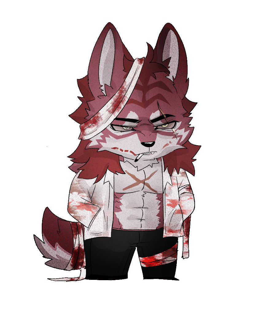 anthro bandage bandage_on_face bandage_on_tail bandaged_leg blood blood_on_clothing bodily_fluids chibi cigarette cigarette_in_mouth clothing male maroon_fur muscular object_in_mouth scar solo wounded yellow_eyes husky12205 canid canine canis mammal wolf