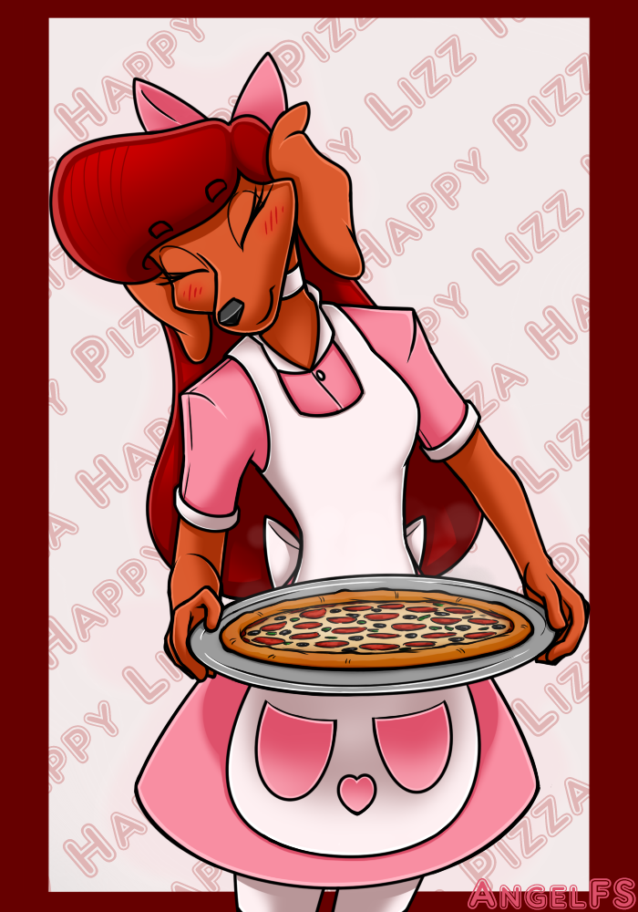 5_fingers accessory anthro apron blush bow_ribbon brown_body brown_fur clothed clothing collar dress eyes_closed female fingers floppy_ears food food_tray fur hair hair_accessory hair_bow hair_ribbon happy heart_symbol holding_object lop_ears pizza pockets red_hair ribbons smile smiling_at_viewer solo standing steam tray angelfs lizz_(angelfs) bird_dog canid canine canis domestic_dog golden_retriever hunting_dog mammal retriever