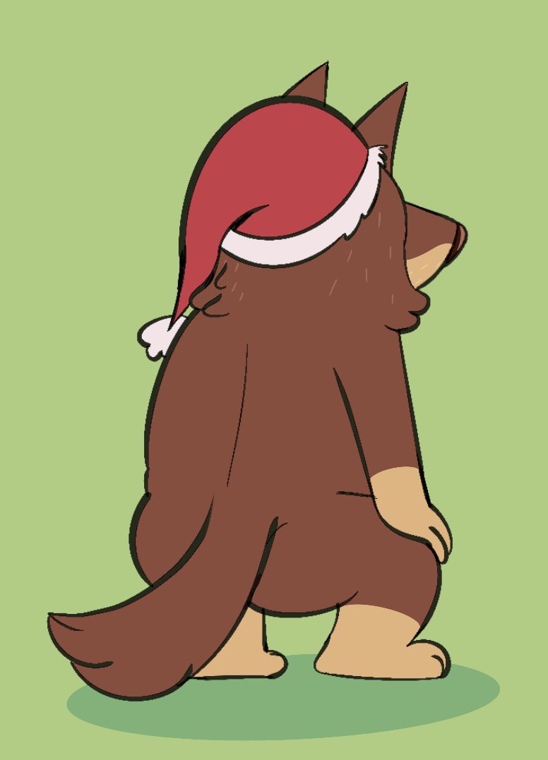 anthro brown_nose butt christmas_clothing christmas_headwear clothing crouching fur green_background hand_on_leg hand_on_own_leg hat headgear headwear holidays male multicolored_body multicolored_fur orange_body orange_fur rear_view red_body red_clothing red_ears red_fur red_hat red_headwear red_tail santa_hat simple_background solo tail two_tone_body two_tone_fur two_tone_hat white_clothing white_hat white_headwear beargarbage bluey_(series) christmas rusty's_dad_(bluey) australian_kelpie canid canine canis domestic_dog herding_dog mammal pastoral_dog sheepdog 2023 digital_media_(artwork)