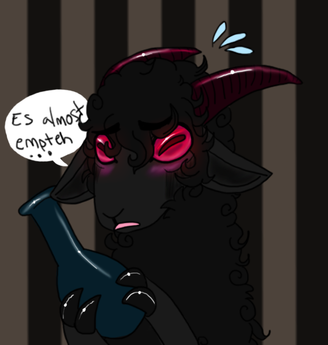 alcohol ambiguous_gender anthro beverage black_body black_hooves blush bottle cloven_hooves container fingers fur glowing hooved_fingers hooves horn red_eyes sad solo wine wool_(fur) vonderdevil bovid caprine domestic_sheep mammal sheep