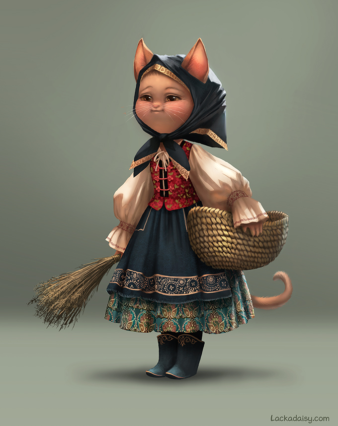 anthro basket biped clothed clothing container dress female folk_clothes fully_clothed holding_basket holding_container holding_object solo standing tail text traditional_dress whiskers tracy_j._butler lackadaisy mrs._bapka domestic_cat felid feline felis mammal digital_media_(artwork) full-length_portrait portrait url