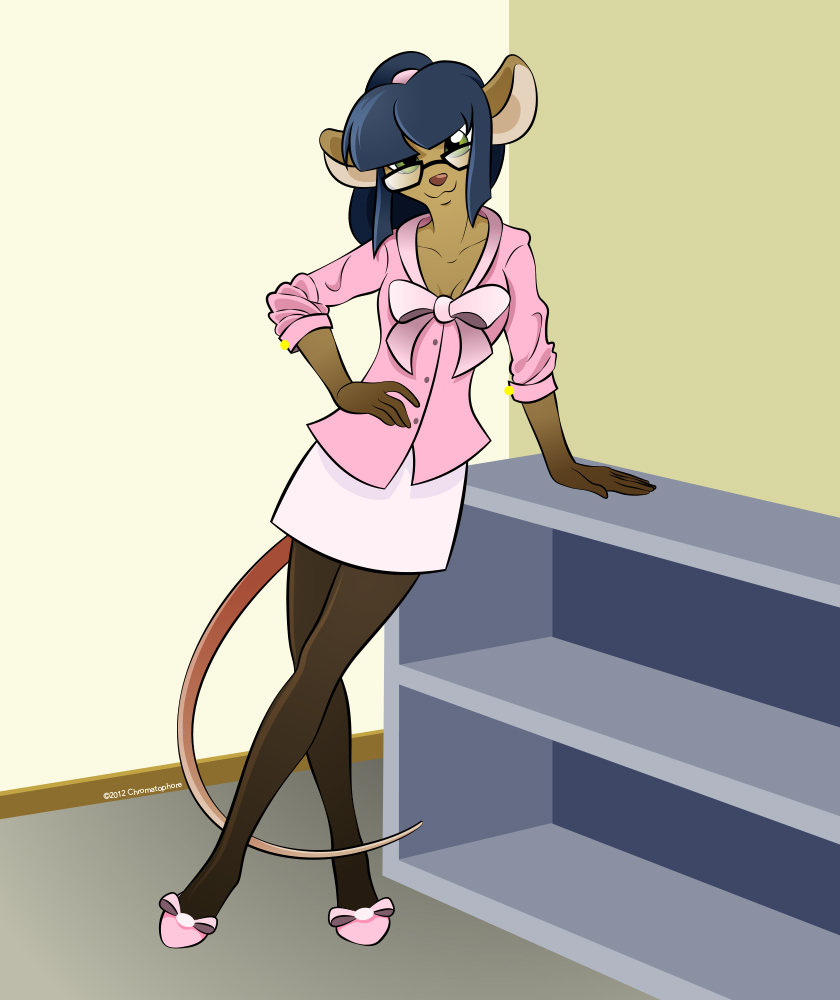 anthro blue_hair bottomwear breasts brown_body brown_fur cleavage clothed clothing eyewear female footwear fur glasses green_eyes hair high_heels legwear pink_nose shoes skirt solo thigh_highs chromatophore dewey_teagarden mammal mouse murid murine rodent 2012