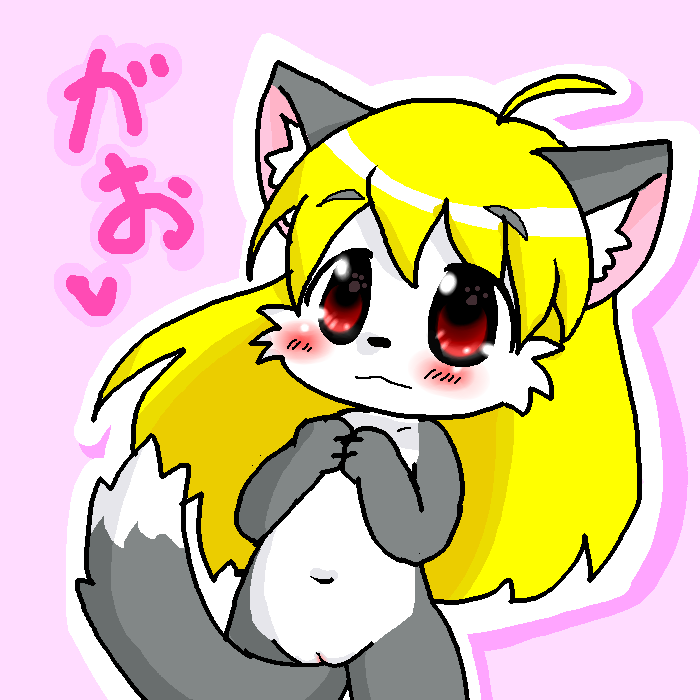 ahoge anthro belly black_nose blonde_hair blush breasts chibi collarbone female flat_chested fur genitals grey_body grey_fur hair hands_together long_hair looking_up navel nude pussy red_eyes small_breasts solo standing tail tail_between_legs text white_belly young young_anthro young_female annyui0611 third-party_edit futaba_channel akuma_gaoru canid canine canis mammal wolf 1:1 japanese_text