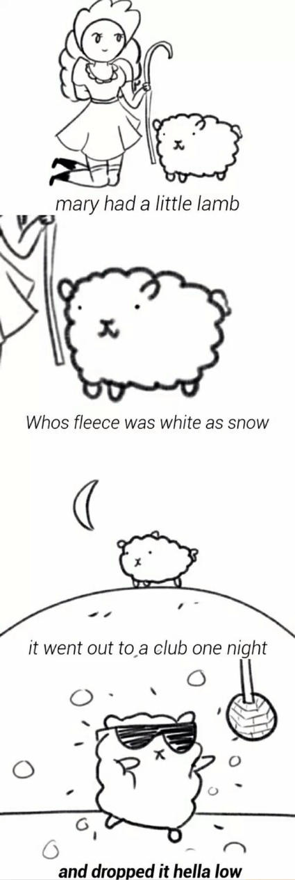 dancing duo eyewear female feral humor solo_focus sunglasses text unknown_artist little_lamb_(character) bovid caprine domestic_sheep human mammal sheep mary_(disambiguation) comic english_text hi_res monochrome