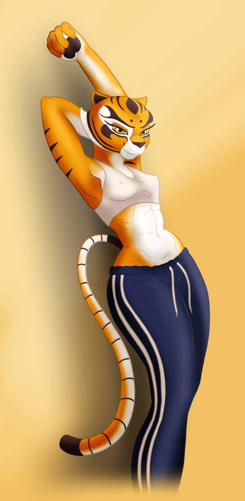 5_fingers anthro belly black_stripes bottomwear bra breasts clothed clothing female fingers fur navel nipple_outline nipples orange_body orange_fur pants solo sports_bra stretching stripes sweatpants underwear white_belly white_body white_fur astraldog dreamworks kung_fu_panda master_tigress felid mammal pantherine tiger 2018 hi_res