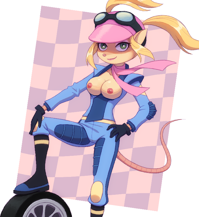 5_fingers anthro blonde_hair breasts clothed clothing eyewear female fingers fur gloves goggles green_eyes hair handwear hat headgear headwear looking_at_viewer nipples smile solo kempferzero third-party_edit activision crash_bandicoot_(series) crash_team_racing_(series) crash_team_racing_nitro-fueled pasadena_o'possum american_opossum mammal marsupial virginia_opossum 2019 digital_media_(artwork)