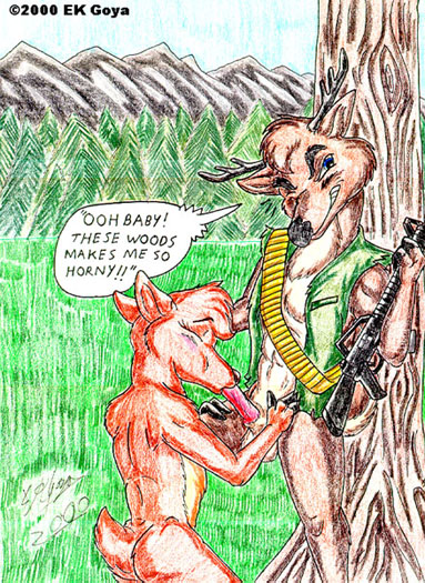 ammo_belt anthro butt clothed clothing dialogue duo fellatio genitals gun humanoid_genitalia humanoid_penis male male/male nude oral outside penile penis plant ranged_weapon sex text topwear tree vest weapon ek_goya deer_avenger bambo deer mammal 2000 dated english_text