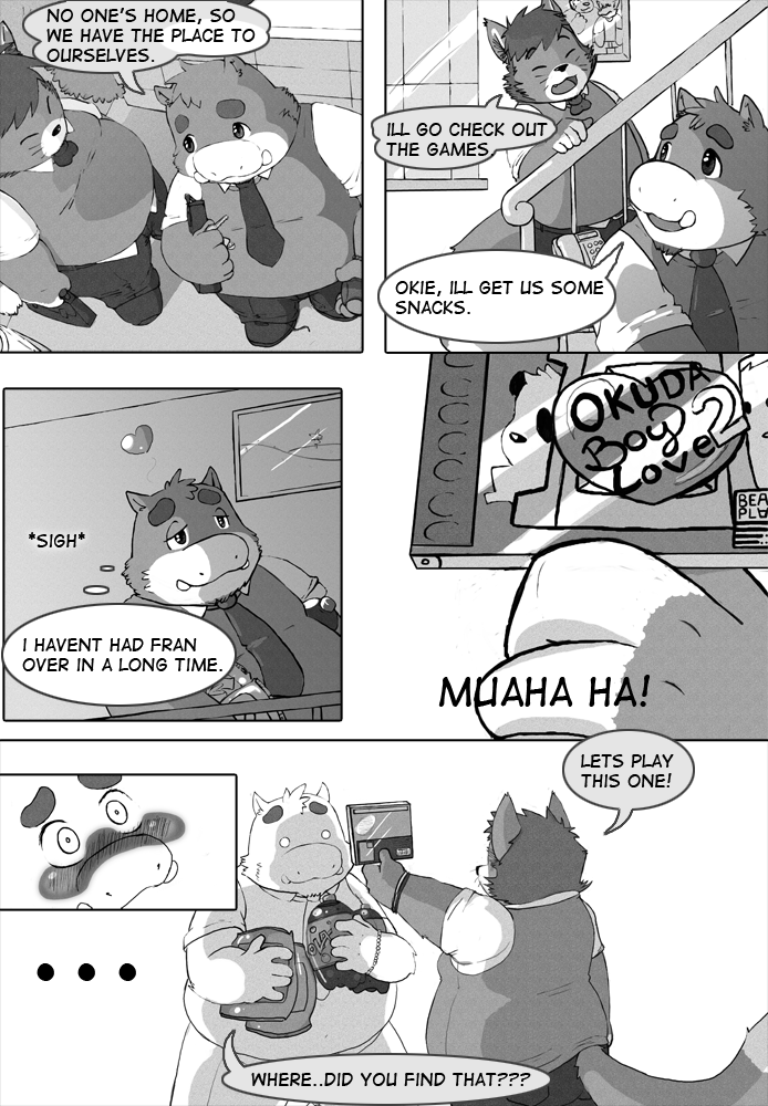 anthro belly blush bottomwear clothing duo eyes_closed humanoid_hands inside male necktie overweight overweight_male pants shirt text topwear fatyogi gazpacho domestic_cat felid feline felis mammal suid suina sus_(pig) wild_boar 2010 comic english_text monochrome