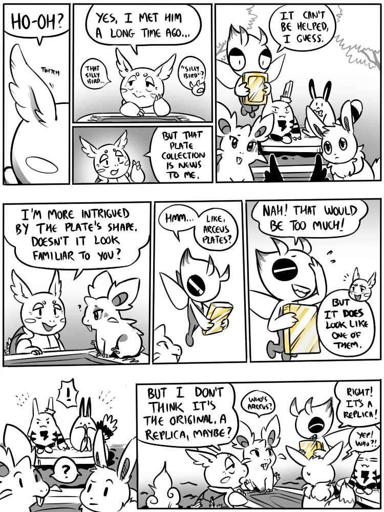 8_panel_comic ambiguous_gender antennae_(anatomy) anterior_nasal_aperture anthro black_eyes black_nose black_text bodily_fluids bow_ribbon cheek_spots claws clenched_teeth dialogue dot_eyes ellipsis exclamation_point eyebrows eyes_closed feral finger_claws floating fluffy fluffy_tail fur group holding_object horn looking_at_another motion_lines mouth_closed neck_tuft open_mouth open_smile outside partially_submerged plant pupils question_mark raised_eyebrow sitting smile sound_effects speech_bubble sweat sweatdrop tail talking_to_another teeth text tree tuft water white_sclera wings flavia-elric nintendo pokemon pokemon_mystery_dungeon spike_chunsoft bayani_(yapc) celebi_(yapc) lux_(yapc) neil_(yapc) rayne_(yapc) terry_(yapc) celebi eevee elekid generation_1_pokemon generation_2_pokemon legendary_pokemon nidoran nidoran♀ pokemon_(species) sentret wartortle 2019 3:4 black_and_white comic digital_media_(artwork) english_text monochrome