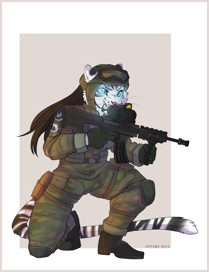 5_fingers abstract_background anthro ar-15 armor assault_rifle athletic athletic_anthro athletic_female biped black_body black_fur black_tail blue_eyes boots border bottomwear brown_hair camo camo_bottomwear camo_clothing camo_pants camo_print clenched_teeth clothed clothing combat_helmet crouching eyewear eyewear_on_head female fingers footwear front_view frown fully_clothed fur furgonomics gloves glowing glowing_eyes goggles goggles_on_head green_bottomwear green_clothing green_gloves green_handwear green_helmet green_pants grey_background grey_border gun hair handwear headgear helmet holding_assault_rifle holding_gun holding_object holding_ranged_weapon holding_weapon knee_pads kneeling long_hair m4 markings military military_uniform multicolored_tail on_one_knee orange_border pants pattern_bottomwear pattern_clothing pattern_pants pink_nose ranged_weapon rifle scope shoes simple_background snout soldier solo striped_markings striped_tail stripes tail tail_markings teeth thigh_pouch uniform warrior weapon whiskers white_body white_fur white_tail anyare felid mammal pantherine tiger 2015 full-length_portrait portrait