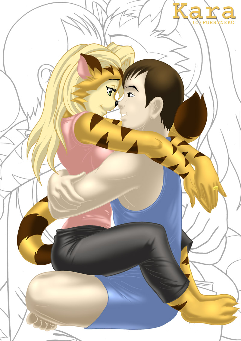 anthro blowup_background clothing copyright_symbol duo female fur hug hugging_another human_on_anthro interspecies male romantic romantic_couple shirt simple_background symbol tail topwear avoid_posting bbmbbf furryneko kara_(furryneko) felid human mammal pantherine tiger digital_media_(artwork)