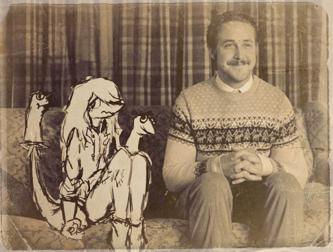 age_difference anthro bottomwear clothing duo facial_hair female furniture hair hand_puppet hoodie interlocked_fingers larger_human larger_male long_hair long_tail male mustache nervous on_sofa pants patch_(fabric) patched_clothing photo sitting sitting_on_sofa size_difference smaller_anthro smaller_female smile sofa sweater tail topwear younger_anthro younger_female arauk cavemanon_studios snoot_game judee ryan_gosling dinosaur human mammal prehistoric_species reptile scalie monochrome